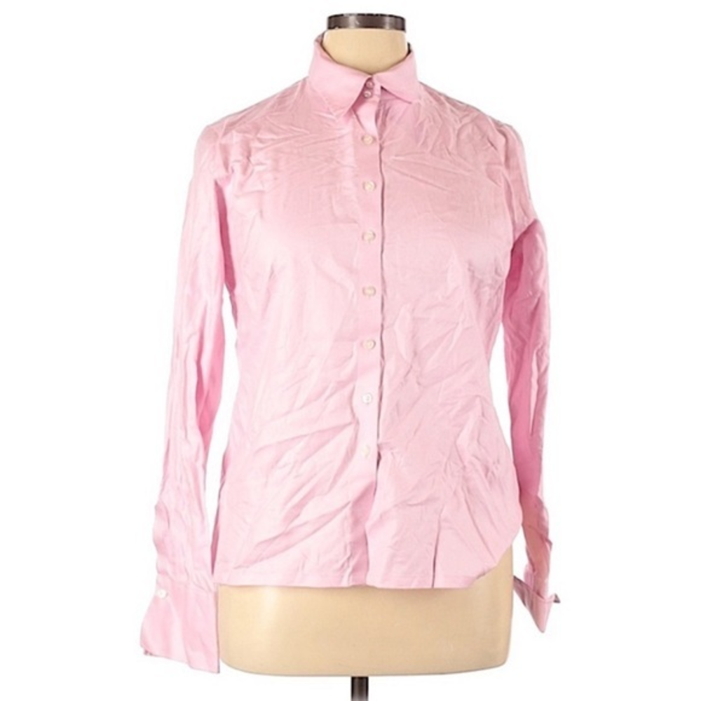 Lands’ End 14 pink long sleeve textured 100%‎ cotton button down shirt